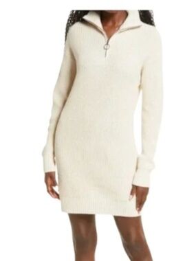 NWT BP. Sporty Quarter Zip Long Sleeve Sweater Dress in Beige Oatmeal Sz S